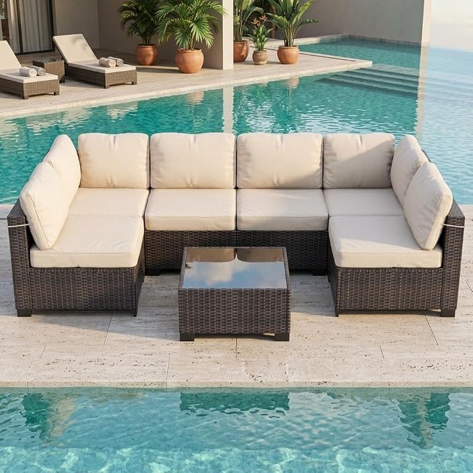 GAOMON 7-Piece Outdoor Patio Furniture Set, All-Weather Wicker Sectional Sofa with Thick Cushions and Glass Top Coffee Table, Modular Conversation Set for Garden, Balcony, Porch, Poolside