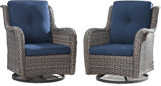 Outdoor Swivel Rocker Patio Chairs Set of 2 - Outdoor Wicker Swivel Glider Chairs 2 Pieces with Olefin Fabric Cushions Suitable for Backyard Deck and Porch(Mixed Grey/Blue)