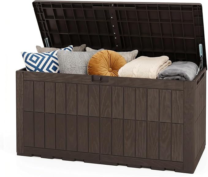 Tangkula 120 Gallon Outdoor Storage Box, Waterproof PP Resin Patio Storage Box with Lockable Lid for Indoor & Outdoor Use, 2-in-1 Rattan Design Deck Box for Cushions, Garden Tools