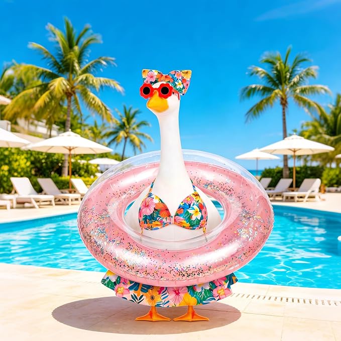23 in Porch Goose Summer Outfit Bikini, Hawaiian Porch Goose Swimsuit Clothes Costume Accessories with Bow Glasses Swim Ring for 23" Summer Goose Garden Patio Statue Decor (Flower)
