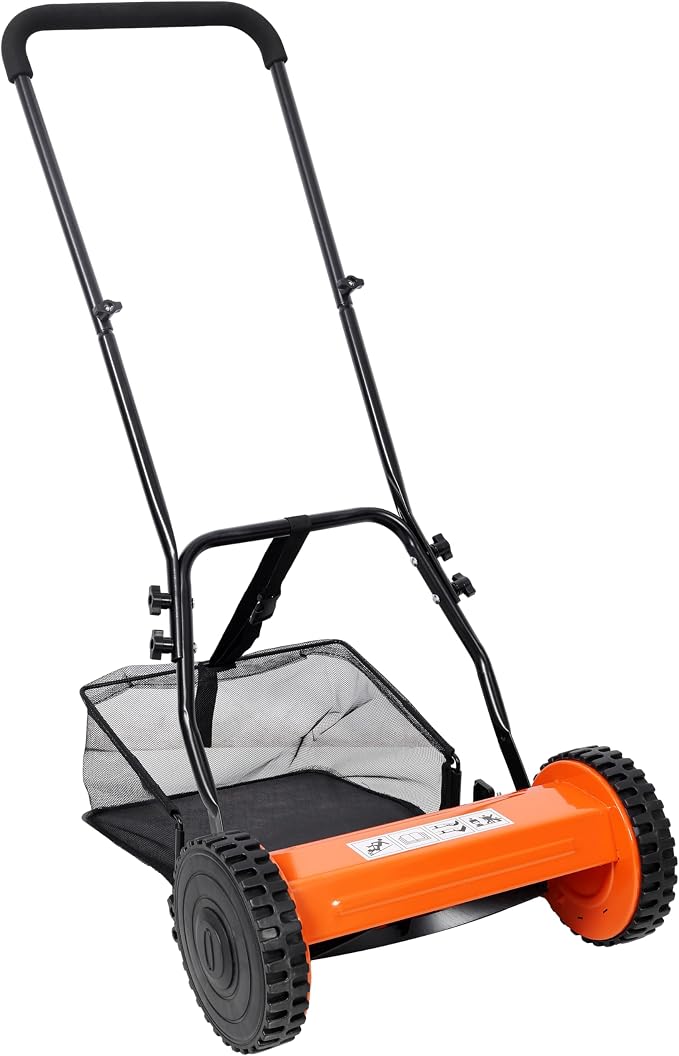 14 Inch 5-Blade Push Reel Lawn Mower with Grass Catcher Orange Manual Walk-Behind Mower Adjustable Cutting Height 0.6-1.8 Inches Lightweight 13.6 lbs Eco-Friendly Reel Mower for Residential Lawn