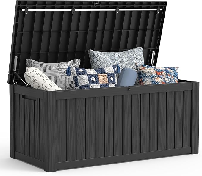 Mars Villa 120 Gallon Outdoor Storage Box, Large Resin Deck Box Waterproof, Storage Bin for Outside Patio Furniture Cushion, Pool Supply, with Hydraulic Hinge, UV Resistant and Weatherproof, Black