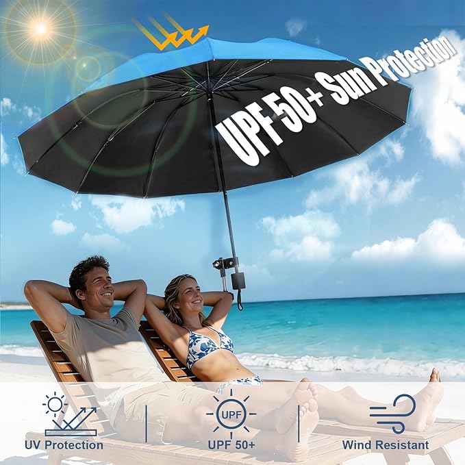 Beach Chair Umbrella with Clamp 360° Adjustable Clip On Umbrella for Camping Chair UPF 50+ UV Protection Sun Shade Portable Stroller Umbrellas for Travel, Wheelchair, Boat, Patio, Golf Cart