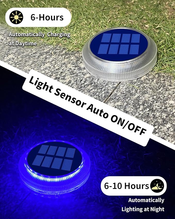 DetarZinLED 6 Packs Solar Driveway Lights, Blue Dock Deck Lights Solar Powered Outdoor IP68 Waterproof, Stick on Light for Step, Stair, Driveway, Pool, Pathway, Walkway, Patio