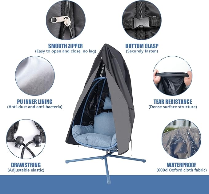 Patio Egg Chair Cover with Zipper Waterproof Heavy Duty Outdoor Hanging Chair Cover for Single Egg Swing Chairs All Weather Windproof UV Protection for Patio Furniture