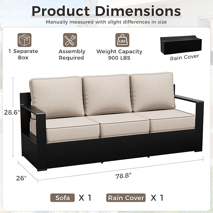 Outdoor Patio Furniture Aluminum Patio Sofa, All-Weather Metal Outdoor Couch with 6 Inch Thick Cushions for Garden, Outside and Porch (Beige, 1 PCS/Sofa)