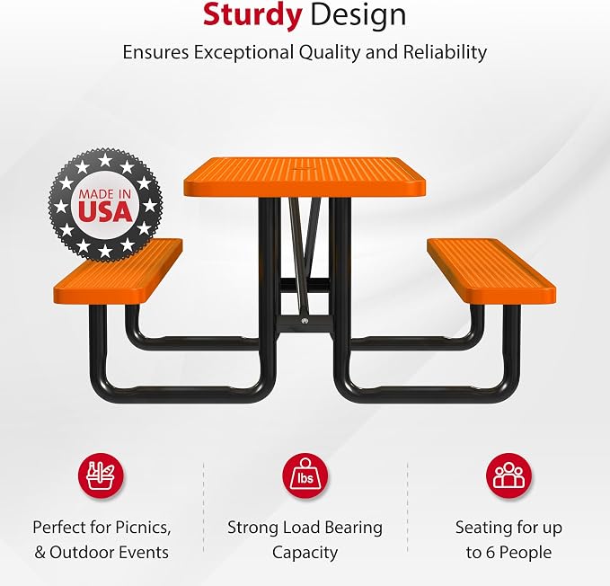 Leisure Craft Metal Picnic Table with Bench - 6 ft Rectangle Outdoor Dining Table for 6, Umbrella Hole, Weatherproof Heavy Duty Thermoplastic Coating, Commercial Grade Furniture Made in USA - Orange