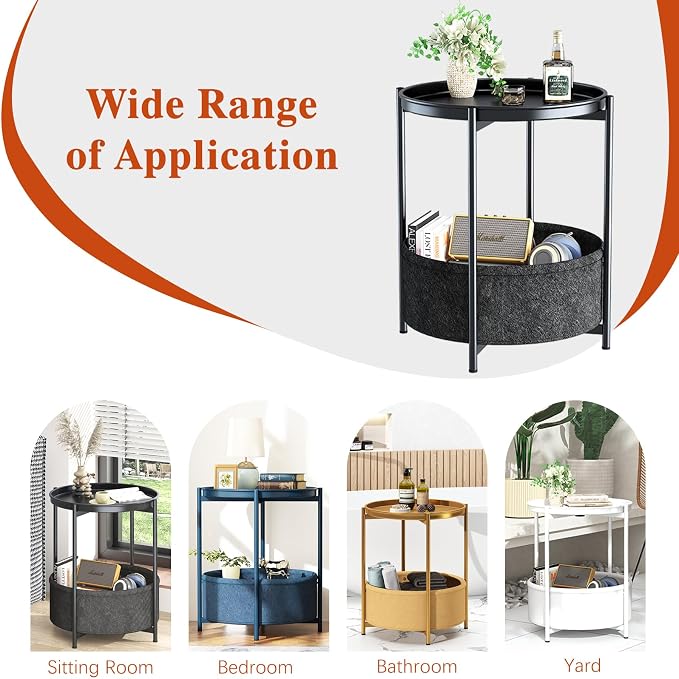 Garden 4 you Side Table with Fabric Storage Basket, Round Metal End Table, Small Bedside Table Nightstand with Removable Tray, for Nursery, Living Room, Bedroom, Bathroom, Black