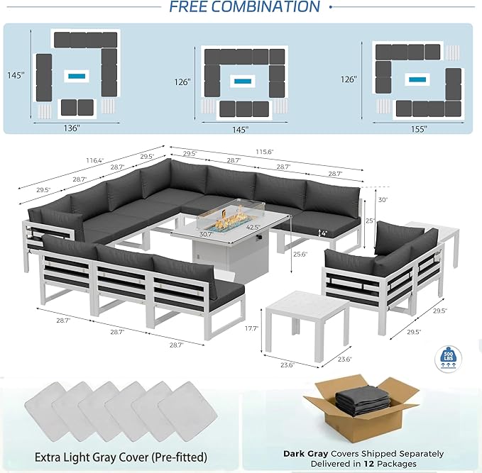 NICESOUL 15 Piece Oversized Aluminum Patio Furniture Set, L-Shaped Sectional Sofa with Fire Pit Table Propane/Gas, 500 lbs Heavy Duty Comfortable Poolside Conversation Set with Coffee Table, Dark Gray