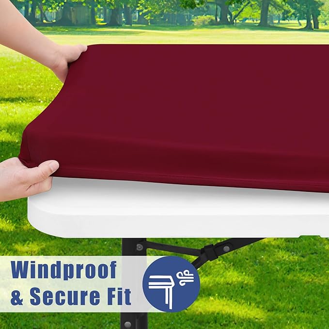 Moosfor Spandex 6 Foot Rectangle Table Cloth 2 Pack, Elastic Fitted Tablecloths for Picnic, Stretch Washable Patio Table Cover for Outdoor, Camping, Banquet and Parties (Wine Red, 30"x72")