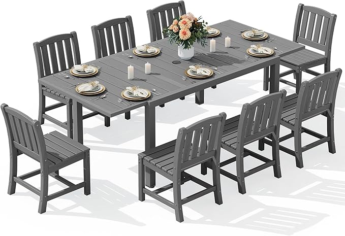 SERWALL 9-Piece Outdoor Dining Set, 60" - 83" Expandable Outdoor Dining Table and 8 HDPE Chairs, All Weather HDPE Outdoor Furniture Set for Backyard, Garden, Grey