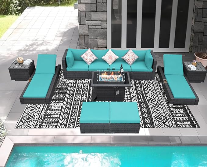NICESOUL 11 Piece Sectional Outdoor Set with Firepit Loungers, Extra Large Backyard Seating with Fireplace, 29.3'' Highback Patio Couch Sofa, All-Weather Wicker Furniture Sets for Deck, Grey&Teal