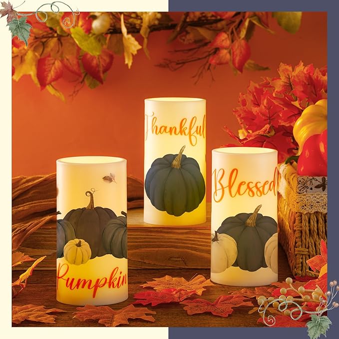 Retisee 3 Pcs Blue Pumpkin Thanksgiving Flameless LED Candles Thankful Blessed Thanksgiving Battery Operated Candles with Remote Blue Pumpkin Decor for Table Centerpiece Bedroom Harvest Decoration