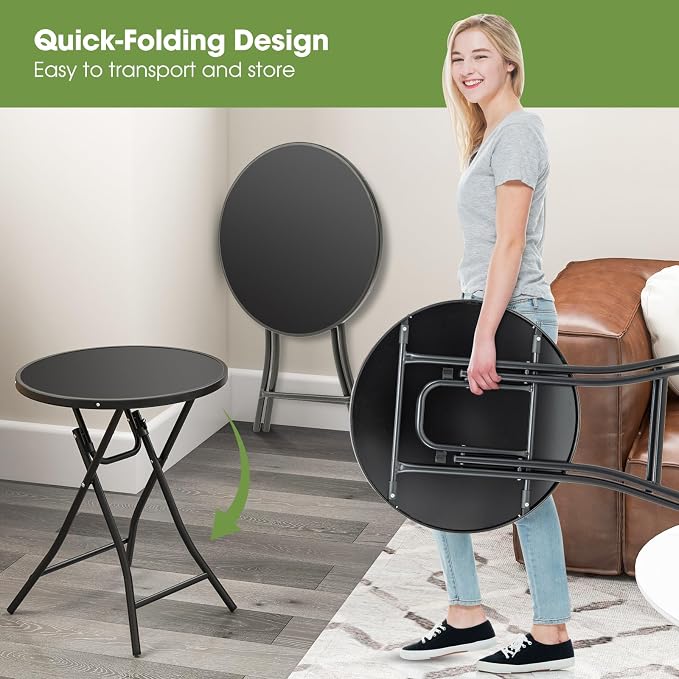 Giantex 23 Inch Round Bistro Table, Patio Folding Cocktail Table with Tempered Glass Tabletop, Heavy-Duty Metal Frame, Outdoor Portable Bistro Table for Deck, Backyard, Poolside