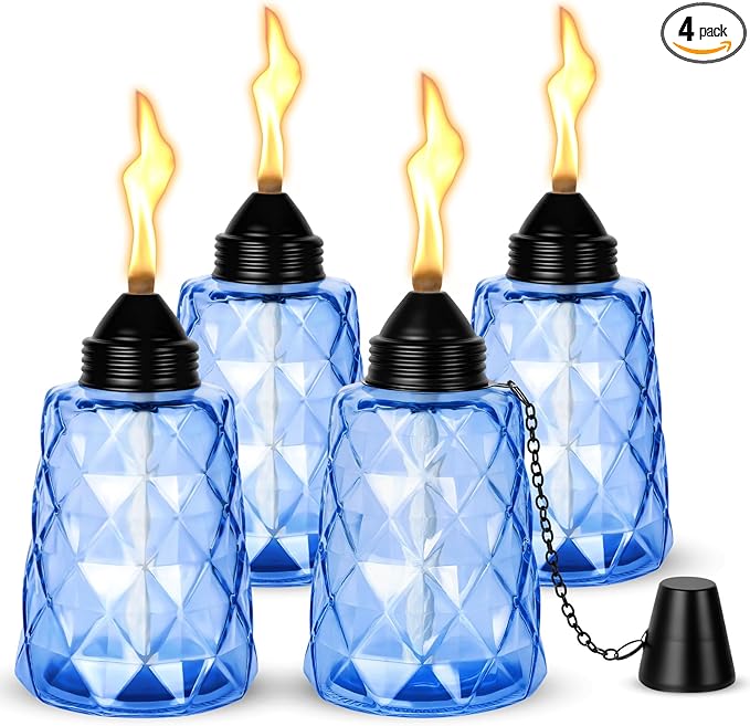 4-Pack Glass Tabletop Torches Outdoor, 12 oz Citronella Torches Canisters with Wick & Cap, for Patio, Backyard, Garden, Parties, Outside Deck (Blue)