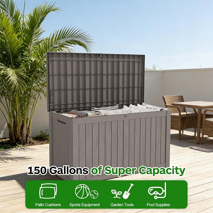 150 Gallon Outdoor Deck Boxes, IP68 Waterproof Outdoor Storage Box with Hydraulic Lid Support, Outside Resin Container for Furniture, Toy, Shoe, Garden & Patio Tools Storage -Brown