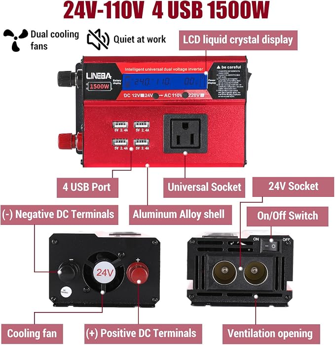 1500 Watt Power Inverter with LED Display,AC Outlets,4 USB Port, 24V DC to 110V AC Converter Car Power Inverter for Car, RV, Truck, Off Grid Solar System, Camping