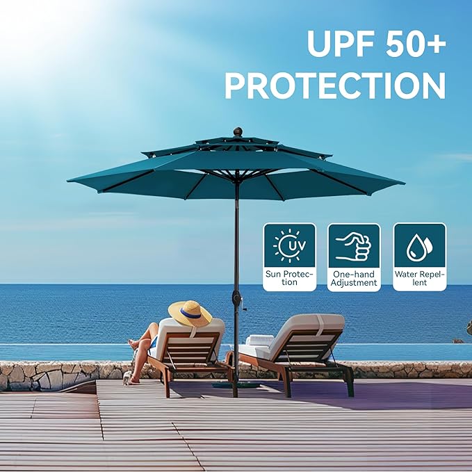 GREEN PARTY 10ft Outdoor Patio Umbrella, [Auto-Tilting] 3 Tiers Market Table Umbrellas with 1.5" Pole, 8 Sturdy Ribs, 3-Year-Non-Fading for Garden Deck Pool Backyard, Cerulean
