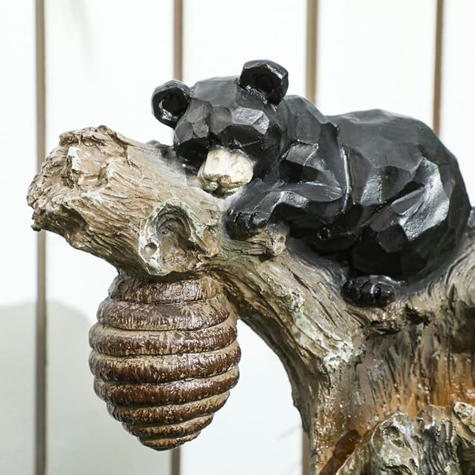 Outdoor Fountain, 3 Tier Resin Resin Bears and Honey Beehive Outdoor Waterfall Fountain with LED Lights, Pump