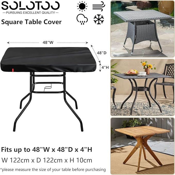 Outdoor Square Table Cover Waterproof UV-Resistant for 48 x 48 Inch Patio Tables - Heavy Duty Weatherproof Table Top Protector with Elastic Hem (Black)