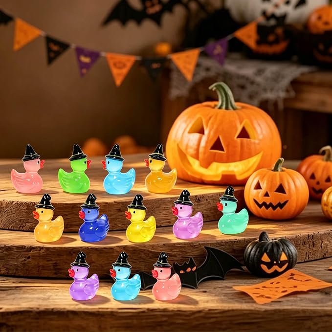 100 Pcs Halloween Luminous Mini Resin Ducks Glow in the Dark Tiny Little Plastic Duck Figures with Witch Hat Miniature Figurines for Crafts Micro Landscape Fairy Garden Party Decor