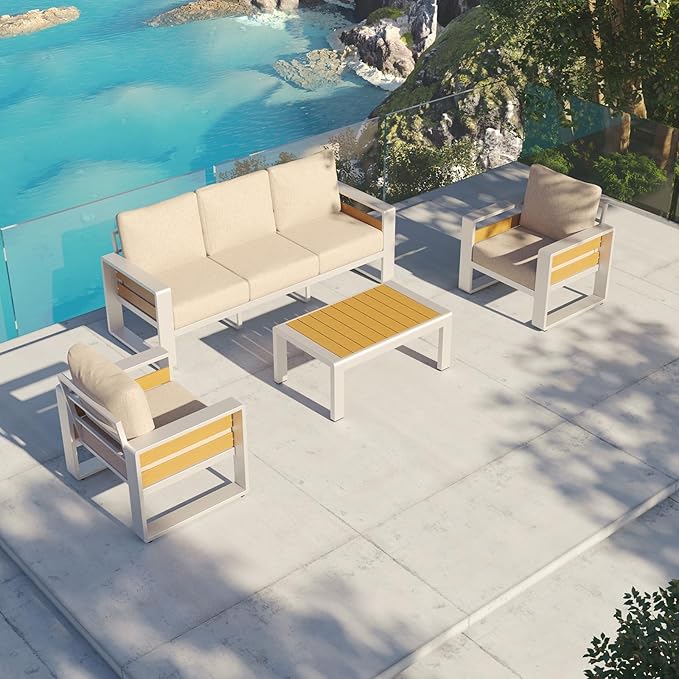 Aoxun Aluminum Patio Furniture Set, 5 Seats Luxury Metal Patio Conversation Sets with Coffee Table, 6'' Thick Cushions and 3-Seat Sofa, Sectional Outdoor Furniture Set for Backyard/Poolside, Beige