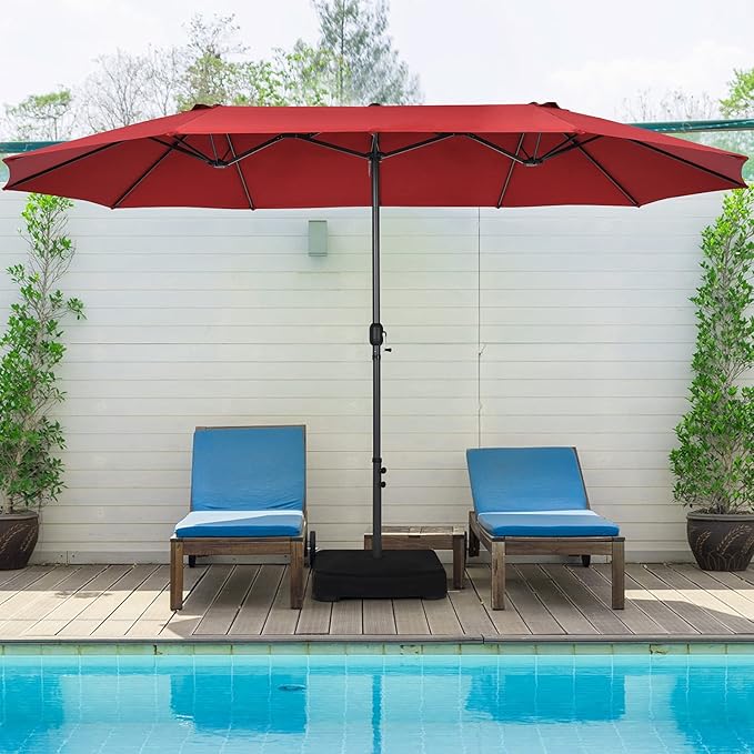 Tangkula 15FT Double-Sided Patio Umbrella, Outdoor Market Umbrella W/Hand-Crank System & Enhanced Base, Ultra-Large Twin Garden Umbrella W/ 12-Rib Structure for Residential & Commercial Use (Wine)