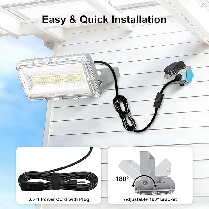 LED Flood Light Outdoor 6500LM 85-277V Protable Work Lights with 6.5ft Plug & Switch, 100W Equivalent 5000K Flood Light, IP67 Waterproof LED Security Lights for Garage,Garden,Stadium