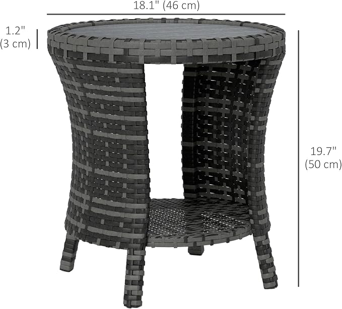 Outsunny 18" Outdoor Wicker Coffee Table, 2-Tier Patio Side Table with Storage, PE Rattan End Table with Composite Wood Top, Steel Frame for Garden Backyard Balcony, Gray