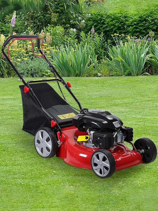 [Easy to Start] Self-Propelled Gas Lawn Mower, 20-Inch, 141cc 4-Stroke Engine, 3-in-1 Mulch/Bag/Side Discharge, 50L Grass Bag, Big Rear Wheels, 7-Position Height Adjustment Red