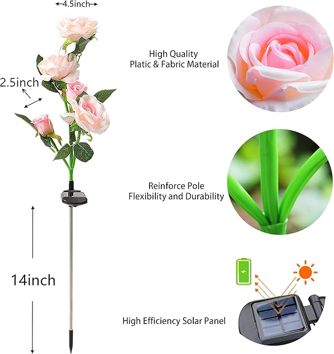 Solar Flower Lights Garden Decorations Outdoor Waterproof [Updated] 2 Packs 10 Pink Roses Solar Decorative Stake Lights for Patio Pathway Yard Lawn Decor Gifts