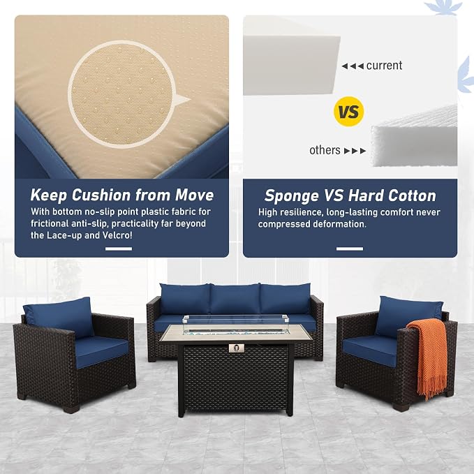Rattan Star 4 Piece Patio Furniture Set 45 Inches Fire Pit Table Outdoor Furniture Sets Patio Couch Outdoor Chairs 50000 BTU Propane Fire Pit with No-Slip Cushions and Waterproof Covers, Navy Blue
