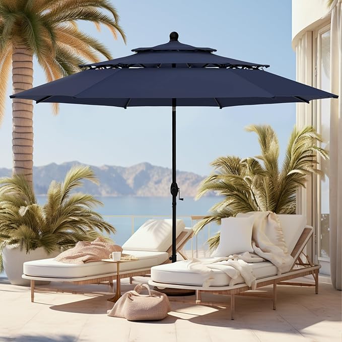 GREEN PARTY 10ft Outdoor Patio Umbrella, [Auto-Tilting] 3 Tiers Market Table Umbrellas with 1.5" Pole, 8 Sturdy Ribs, 3-Year-Non-Fading for Garden Deck Pool Backyard, Navy Blue
