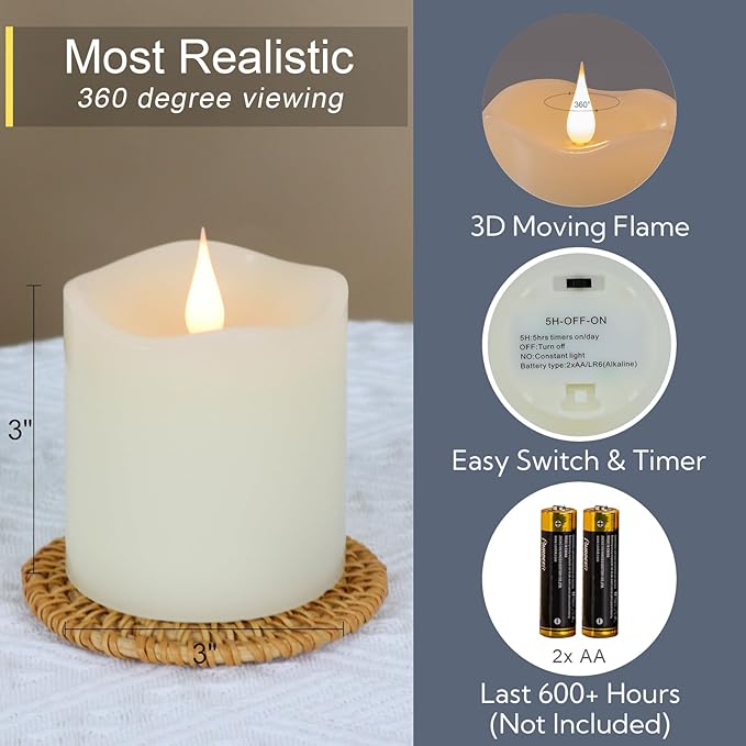 TECHLONG Flameless Candles Battery Operated with Timer, 3D Moving Flame Flickering, Last 600+ Hours Battery Candles, 3" x 3" Ivory Real Wax Electric LED Candle for Wedding Party Decorations