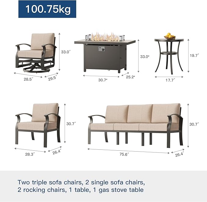 Kullavik Aluminum Patio Furniture Set,8 Pieces 10 Seat Metal Outdoor Furniture Conversation Set w/45 Propane Gas Fire Pit,Swivel Rocking Chairs Set,Sand