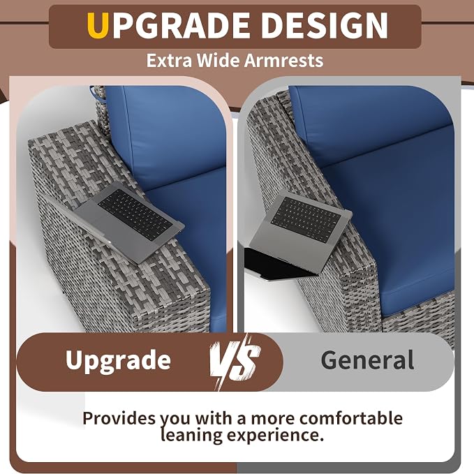 Outdoor Patio Furniture Set, 8‘’ Wide armrest Outdoor Sectional Rattan Sofa Set, Wicker Patio Furniture Sets w/Coffee Table,Thick Cushions for and Cover for Porch,Deck,8 PCS (Grey&Navy)