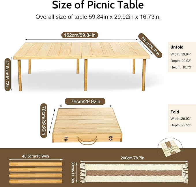 Folding Picnic Table with Table Runner, 60 * 30in Wooden Picnic Table for Outdoors, Boho Low Coffee Table for Sitting on The Floor, Suitable for Beach, Park, Garden, Camping, Travel(Natural)