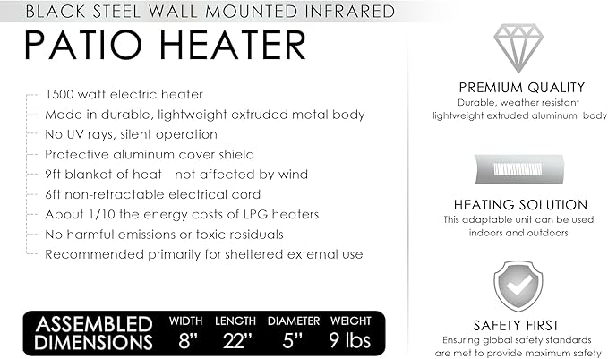 Fire Sense 60460 Wall Mounted Infrared Patio Heater 1500 Watts Weatherproof Lightweight for Indoor Outdoor Use 6 Foot Non Retractable Electrical Cord Mounting Bracket - Black