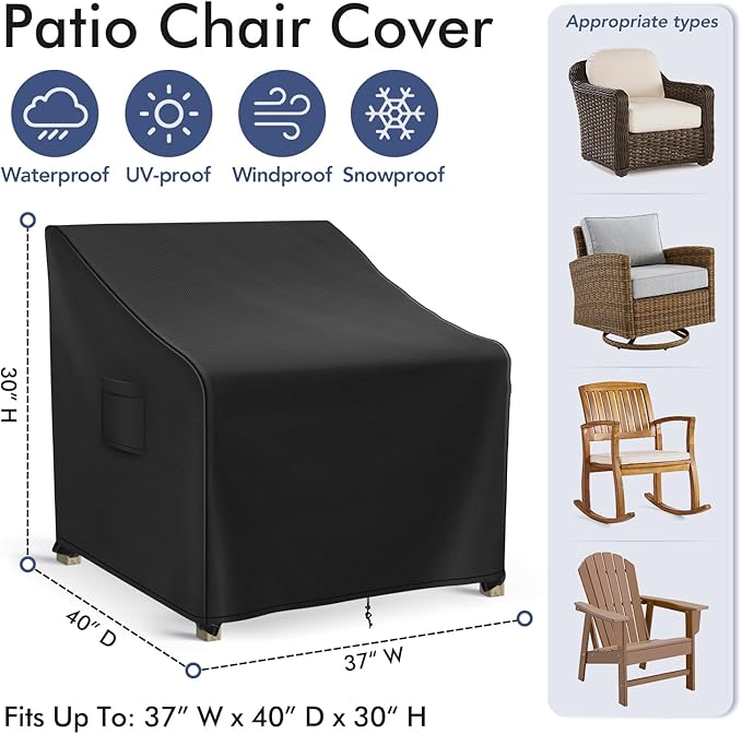 Richwon Patio Furniture Covers Waterproof for Chairs, Lawn Outdoor Chair Covers 2 Pack, Patio Chair Covers for Outdoor Furniture Fits up to 37W x 40D x 30H inches, Black