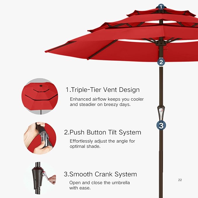 Kingdura 10ft 3-Tier Patio Umbrella, Outdoor Table Umbrella with Easy Crank & Tilt, 8 Reinforced Ribs, UV Protection for Deck, Pool, Market, Backyard (Red)