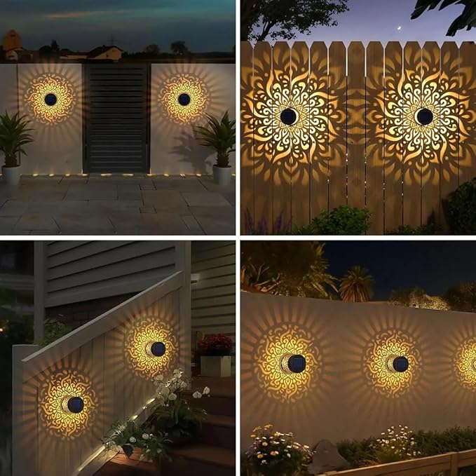 DDRIC Decorative Solar Mandala Lights, Metal Solar Powered Outdoor Wall Sconces, Waterproof Step Lights, Warm Yellow Glow, for Garden Fence Patio Deck Yard Decor (1PC)