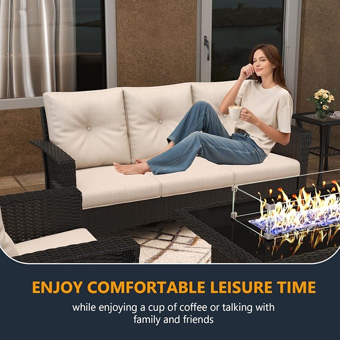 10 Pieces Outdoor Patio Furniture Set with Fire Pit Table, Wicker Patio Sectional Set Conversation Wicker Swivel Chairs with Small Side Table