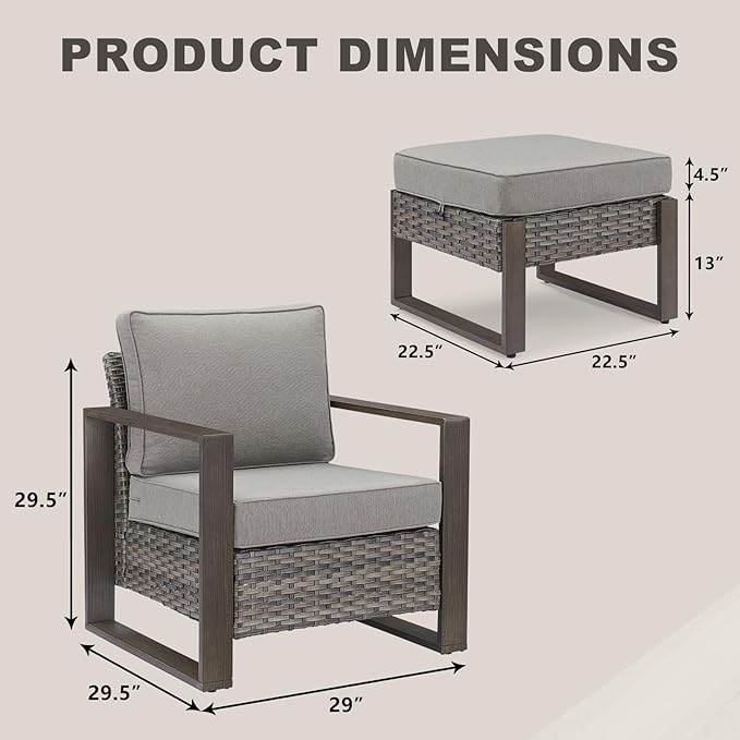 Rilyson Outdoor Wicker Patio Furniture Set - 4 Piece Patio Conversation Set with 2 Wicker Armrest Chairs,2 Rattan Ottoman, Sturdy Frame, Thick Cushions, Deep Seating(Mixed Grey/Grey)