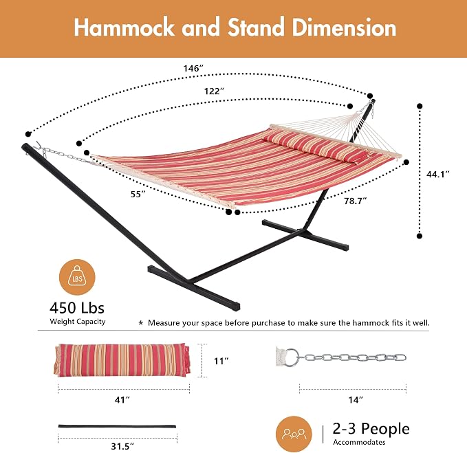 ANOW Outdoor Hammock with Stand 12FT, Heavy Duty Hammocks with Stand Included, 450 LBS Weight Capacity, Red Stripes