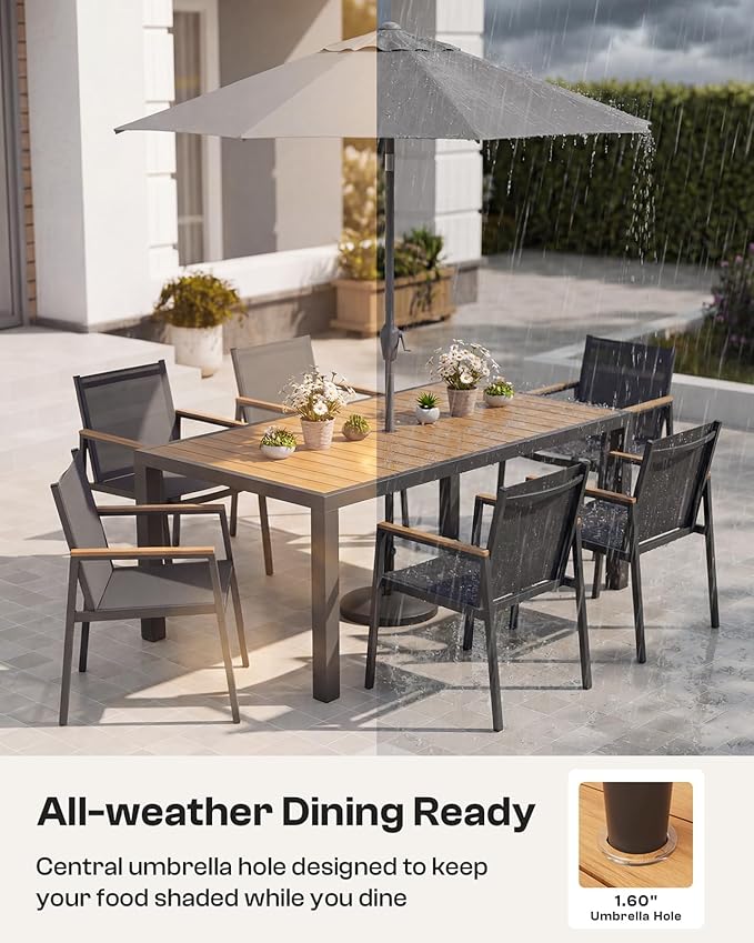 Outdoor Dining Table, Aluminum Patio Table Set, All Weather Patio Dining Furniture Set with Umbrella Hole for Backyard, Deck, Poolside (Gray-Teak)