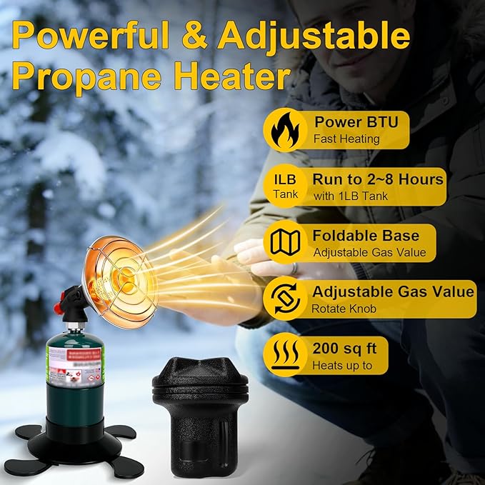 Portable Propane Heater for Camping, Cordless Outdoor Heater with Foldable Tank Holder Small Gas Heaters, Adjustable Radiant Camping Heaters for Tents, Patio, Winter Hiking, Ice Fishing & Hunting