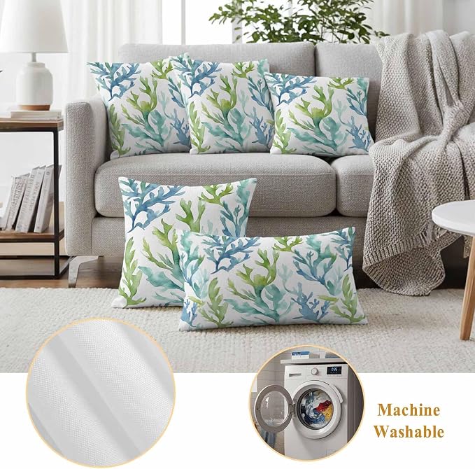 JasmineM Outdoor Pillow Cover 12x20 Inches Set of 2 Blue Teal Coral Waterproof Throw Pillow Covers Watercolor Green Decorative Pillowcases Garden Cushion Case for Patio Couch Sofa