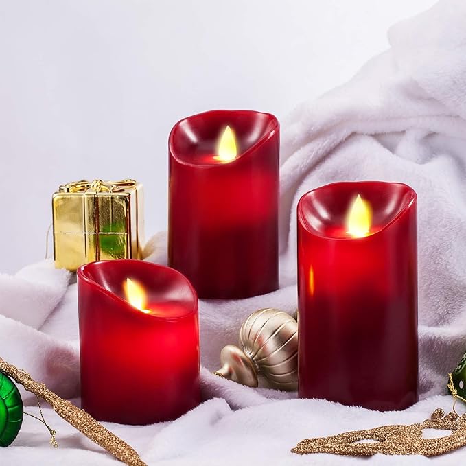 Enpornk Flameless LED 4/5/6-Inch Drip-Less Wax Pillar Candles - Real Wax & Real Flickering Candle Motion - with Remote 24-Hour Timer Function,Burgundy Color,Sets of 3