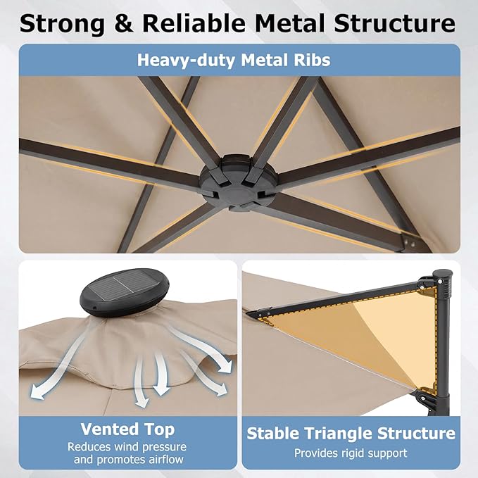 Tangkula 10ft Patio Umbrella with Solar Lights, Offset Cantilever Outdoor Umbrella with LED Lights, 360 Degree Rotation, Air Vent for Pool Deck Garden Backyard (Beige)