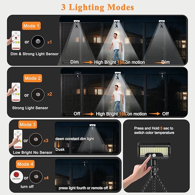 Motion Sensor Solar Lights Outdoor with Octopus Tripod, 360° Rotatable 600LM 92 LED Fence Light with Remote Control, 3 Color Modes, IP65 Waterproof Security Light for Deck Fence Camping (2 Pack)